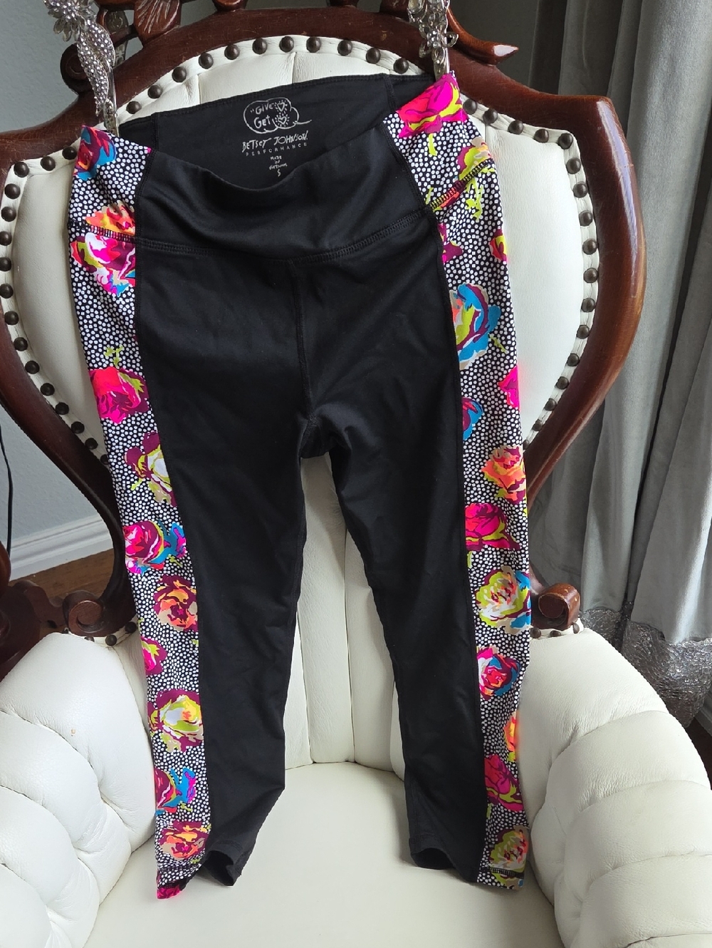 Betsey Johnson Black Leggings with Neon Floral Side Panels